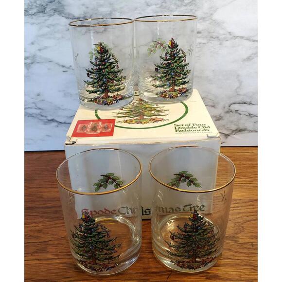 4 Spode Christmas tree four double old fashioned glasses, Mint in original Box - Picture 3 of 4
